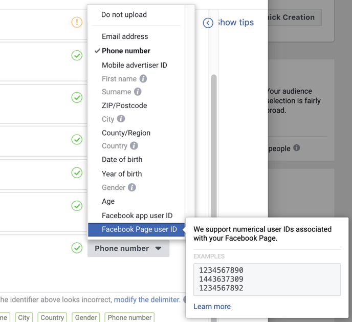 Selecting Facebook Page user IDs instead of Phone numbers