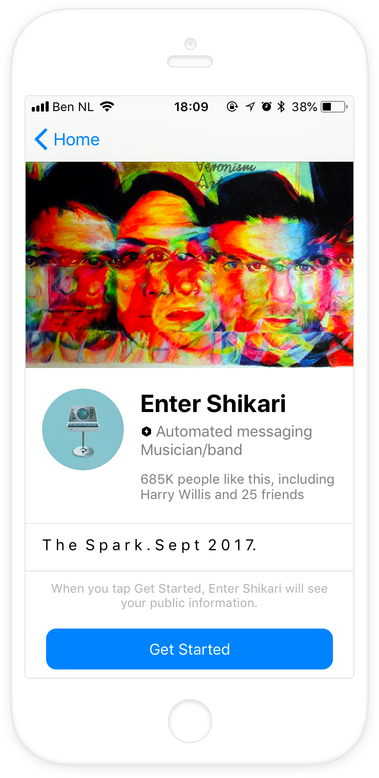 Example of Enter Shikari's customized Get Started screen