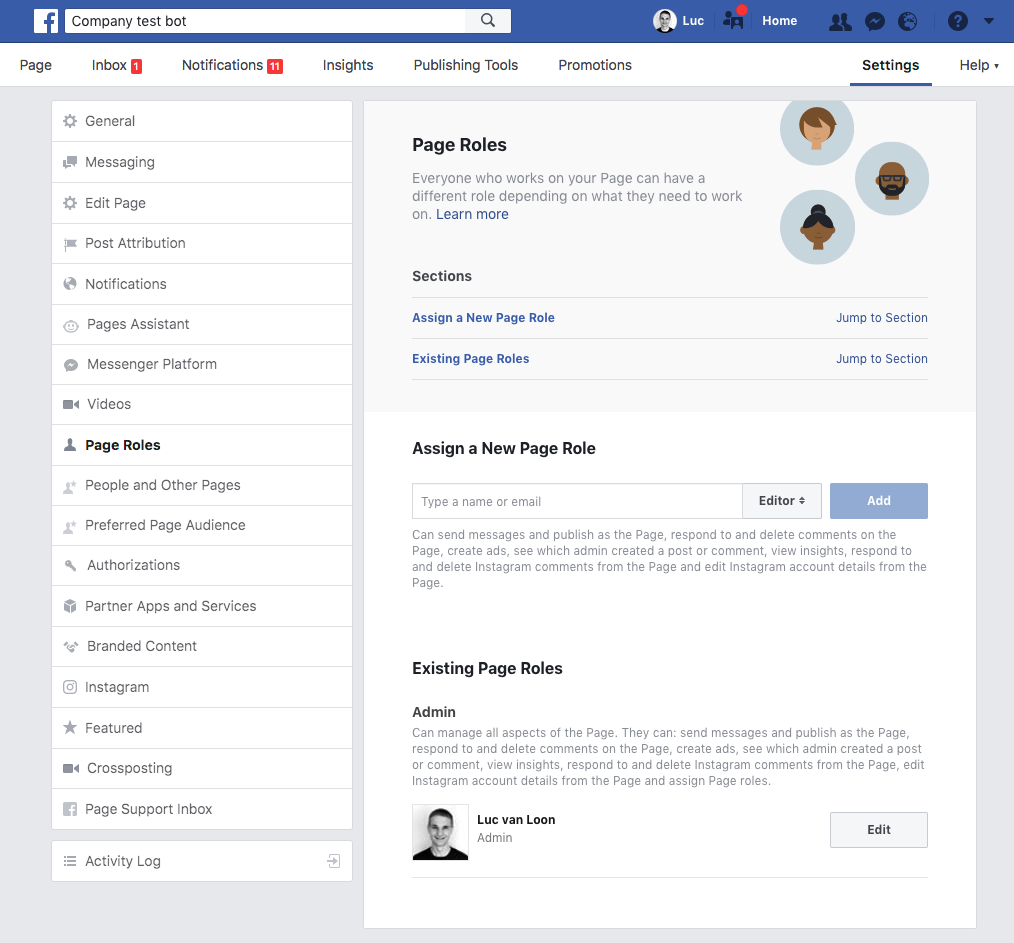 Page roles on a Facebook page