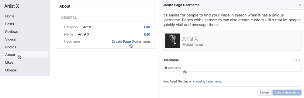 Where to create a username for your Facebook page